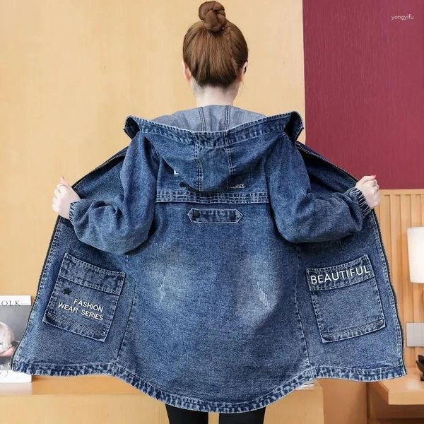 Trench Coats Coats Corée Broidered Letter Denim Brillbreak Coat printemps Automne Hooded Zipper Loose Casual Jeans Vestes Femme