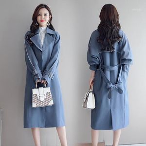 Damesgeulcoats Korean Long Windbreaker 2022 Spring herfst Outerwear vrouwen zwart blauw blauw kaki dameskantoor los casual