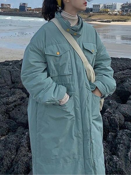 Trenchs de femmes manteaux coréen menthe vert femmes froid épais long manteau de col montant rembourré 2023 hiver lâche bouton de fermeture à glissière poche femme chaude