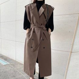 Trenchs de femmes coréennes printemps automne vestes vintage 2023 col de costume double boutonnage taille à lacets sans manches mi-longueur manteau pour femmes 230329