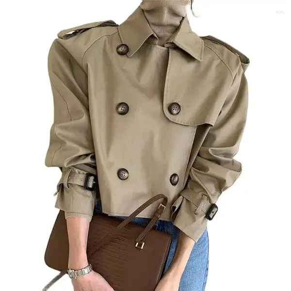 Trenchs de femmes manteaux de style coréen rétro conception de revers manteau court double boutonnage lâche à manches longues veste décontractée vêtements de dessus pour femmes