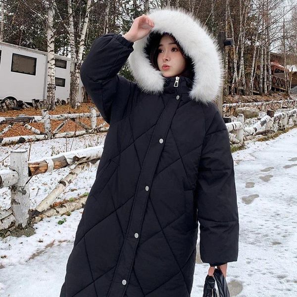 Trench-Coats de femme coréenne Sweet Girl Black Fur Collar en coton Veste en coton hiver mi-longueur en manteau à capuche épaissis