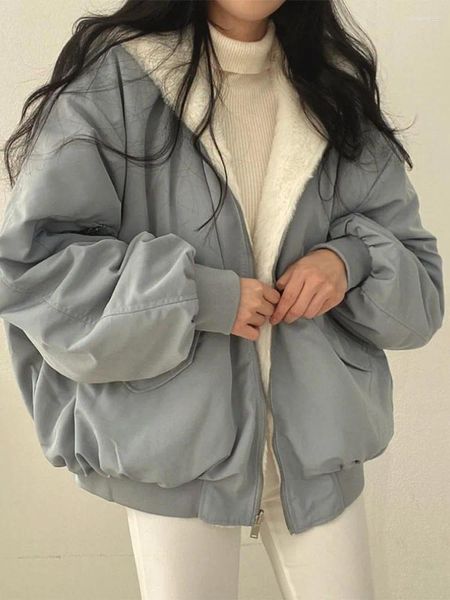 Trenchs de femmes manteaux coréen épais rembourré bouffant femme veste à capuche deux côtés lâche courte manches longues top 2024 hiver femme fermeture éclair chaud