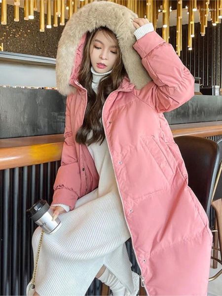 Gabardinas para mujer Versión coreana Chaqueta de plumón de longitud media 2023 Pato blanco Cuello de piel grande Espesado suelto sobre la rodilla Invierno