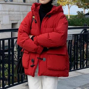 Trenchs de femmes Version coréenne de la fermeture à glissière à capuche Bouton de corne Grande poche à manches longues Femmes d'hiver Mode lâche épaissie