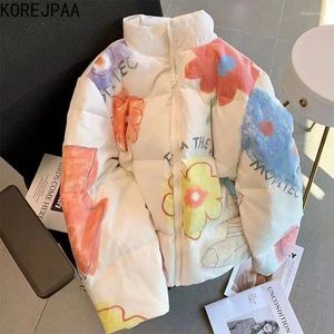 Trenchs de femmes Coats Korejpaa Fleur peinte à la main Graffiti Veste d'hiver Femmes Coréenne Mode Manteau Parka Mujer Doux Vêtements Chauds Vêtements d'extérieur