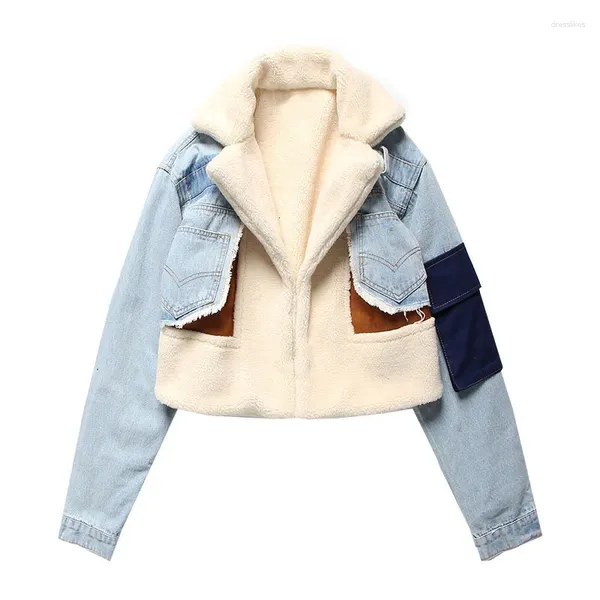 Trenchs de femmes manteaux de fourrure d'agneau doublure intérieure denim patchwork veste femme mode courte col rabattu manteau de coton épais pour les filles hiver