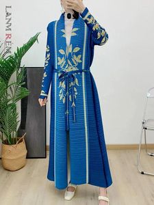 Trench-Coats pour femmes lanmrem mode bleu imprimé manteau plissé femme écharpe col cour ce courroie de taille de taille longue 2024 printemps 25248