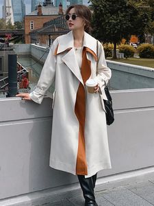 Trenchs de femmes LANMREM Style coréen Contraste Couleur Femmes Ceinture de revers Taille Taille Longue Coupe-vent 2023 Vêtements d'automne 22494
