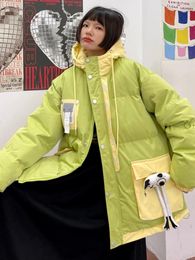 Gabardinas para mujer, chaquetas de algodón con capucha en contraste de bolsillo grande, blusa holgada de invierno, marca de moda americana gruesa, 2023