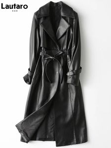 Dames trenchcoats Lautaro herfst lang zwart pu lederen trenchcoat voor dames lange mouw riem elegante Britse stijl mode 4xl 5xl 6xl 7xl 231213