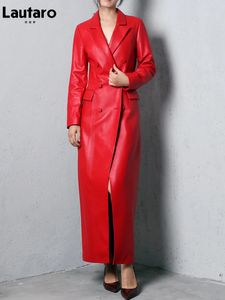 Trenchs Femmes Lautaro Printemps Automne Extra Long Rouge Doux Faux Cuir Trench Coat Pour Femmes Double Boutonnage De Luxe Élégant Mode Britannique 231213