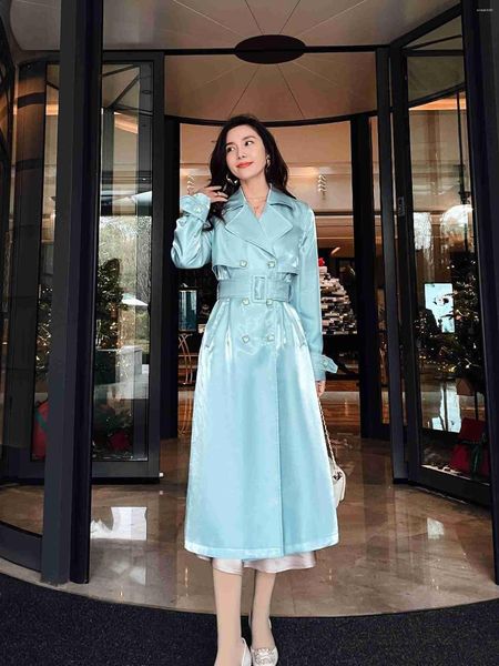 Trench coats femininos luz cetim vitrificado verde menta primavera/verão temperamento suave cintura francesa cintura comprimento médio casaco corta-vento