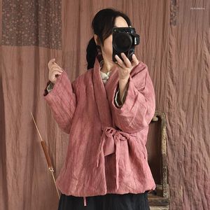 Trenchs pour femmes manteau rembourré en lin femmes hiver Vintage Style chinois col en v épaissir chaud Baggy Kimono vêtements d'extérieur