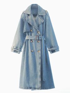 Damesgeul Lagen Lange denim Trench Coats For Women Belt on Taille Slim Jean Coats Ladies Jaqueta Feminina Blue Jean Jacket Woman T240523