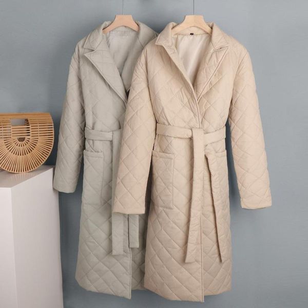 Trench-Coats pour femmes Long Down Coat Femmes Veste d'hiver Parka surdimensionnée Ceintures Poches Col tailleur Casual Femme Manches Vêtements d'extérieur WarmWo