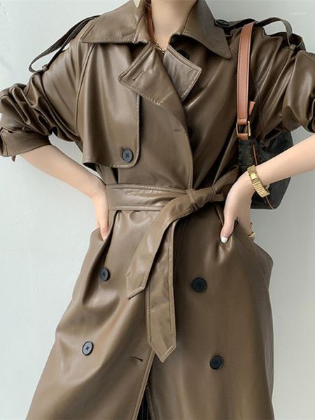 Trench femme manteaux longs pour femmes mode rétro moto noir cuir veste taille réglable 2023 automne/hiver coupe-vent