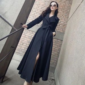Trenchs de femmes manteaux longs sur le genou coupe-vent femmes manteau printemps et automne mode mince à lacets classique vêtements noirs
