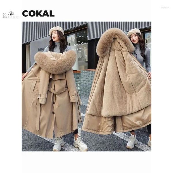Trenchs de femmes manteaux longs épais fausse fourrure remplie 2024 veste d'hiver manteau à capuche détachable grande taille