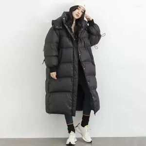 Trench-coat ample à capuche mi-long pour femme, veste en cuir et coton, couleur unie, style coréen, manteau épais confortable, hiver 2023