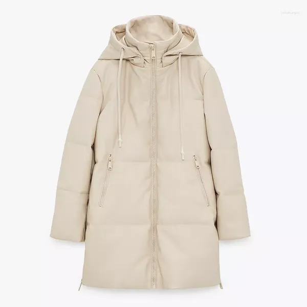 Abrigos de trinchera para mujer Parkas con capucha sueltas Mujeres Moda Beige PU Cuero Cremallera lateral Dividir Chaquetas de algodón largas Damas