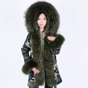 Damesgeul Lagen Maomaokong Natural Real Raccoon bont jas leider Hooded Short Parka Long Camouflage Winter