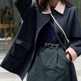 Gabardinas para mujer, gabardina clásica de longitud media con solapa en contraste para mujer en otoño, nuevo abrigo de una botonadura 2r