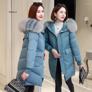 Trenchs de femmes manteaux mi-longueur coton rembourré veste femme hiver mode grand col de fourrure à capuche à manches longues épais manteau chaud tendance