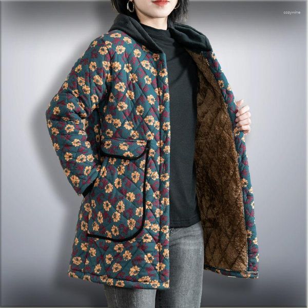 Gabardinas para mujer Chaqueta de invierno para madres de mediana edad y ancianas Ropa acolchada de algodón con capucha gruesa Media larga Lana floral suelta