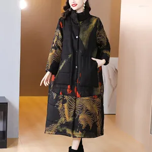 Trenchs de femmes d'âge moyen mère épaissie coupe-vent chaud manteau à la mode vintage imprimé ethnique hiver coton veste parkas T1567