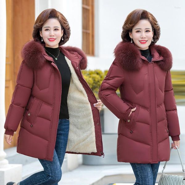 Gabardinas para mujer Parkas de mediana edad Chaquetas con cuello de piel sintética 2023 Invierno Abajo Algodón Grueso Acolchado con capucha Parka Abrigo femenino