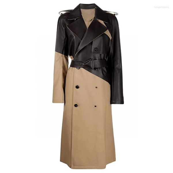 Trench-coat femme modèle spectacle automne mode PU cuir épissage manteau pour femme Double boutonnage kaki Long coupe-vent