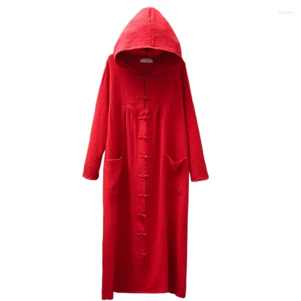 Trenchs pour femmes National Wind Retro Bouton Coton et Lin Coupe-vent Veste à capuche Long paragraphe Sorcière Cape Robe