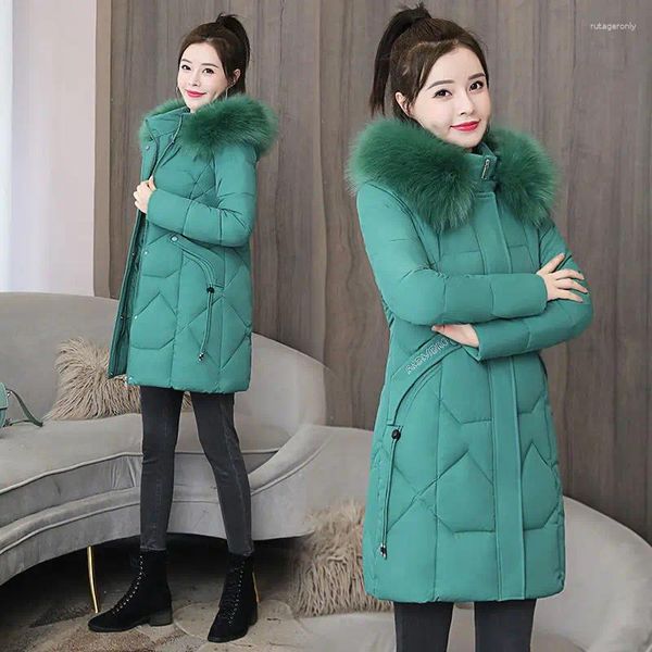 Trench da donna Bella giacca invernale Cappotto da donna Collo in pelliccia Parka spesso con cappuccio Caldo imbottito in cotone Parka lungo femminile Capispalla Plus Size