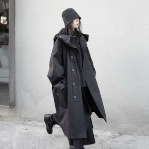 Women's Trench Coats Niche Japanese Dark Design Sense Yoji Yamamoto Hooded Windbreaker Jacket Female Coat Mid-length Loose Wild Tide Button