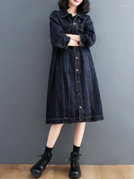 Gabardinas para mujer NYFS 2023 Otoño Invierno suelto tamaño grande abrigo de mezclilla de un solo pecho mujeres Vintage sólido largo cortavientos