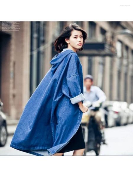 Trenchs de femmes surdimensionnés femmes denim long manteau à capuche vêtements d'extérieur veste en jean avec tissu de coton décontracté