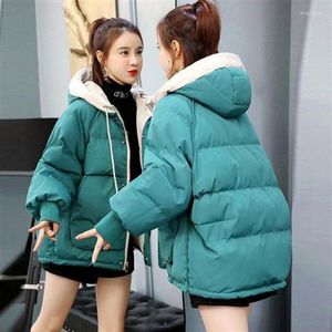 Trenchs de femmes Parkas Veste en coton Femme Hiver 2023 Fille Style coréen École Court Lâche Épaissie Manteau Vert Pour Femmes À Capuchon Y2k