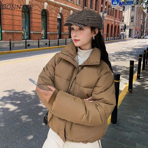 Abrigos de trinchera para mujer Parkas Mujeres Otoño Invierno Corto Cintura ajustable Cordón Alto Cuello Sólido Bolsillos Puffer Chaqueta Estilo coreano Básico