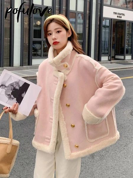 Abrigos de zanjas para mujer Chaqueta de cachemira rosa Damas cortas Piel de invierno Color sólido Costuras sueltas Parka Manga larga Pequeño abrigo de engrosamiento coreano