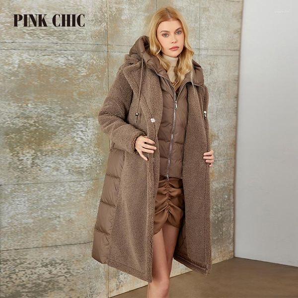 Trenchs de femmes manteaux rose chic 2023 manteau d'hiver femmes doudounes matelassées fausse fourrure à capuche version longue parka femme W8263