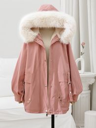 Femmes Trench Coats Rose Parkas Coton Manteau Pour Femmes Grand Col De Fourrure Rembourré Vestes Doux Chaud Femme Hiver Laine Doublure Veste Chic À Capuche