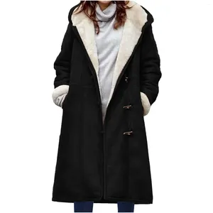 Trenchs de femmes Manteaux de poche Coupe-vent pour femmes Casual Y2K Long manteau en peluche épaissie Vestes manches en daim solide bouton de corne pardessus