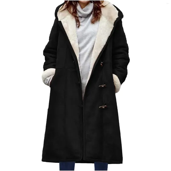 Trenchs de femmes Manteaux de poche Coupe-vent pour femmes Casual Y2K Long manteau en peluche épaissie Vestes manches en daim solide bouton de corne pardessus