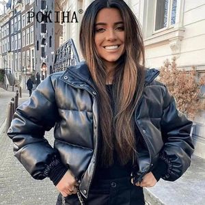 Abrigos de trinchera para mujer Pokiha Grueso Cálido Moda Acolchado Casual Cremallera Algodón Cuero Chaqueta corta Abrigo Mujer Vintage Manga larga Mujer