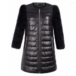 Damesgeul Lagen Pu Leather Winter Jacket Dames Patchwork bont jas vrouwelijke lange slanke massieve jassen zip kraag