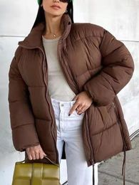 Gabardina PUWD para mujer, chaqueta de algodón con cordón de longitud media y cuello redondo para mujer, Parka Vintage holgada con cremallera de gran tamaño para invierno 2023