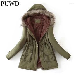 Dames Trenchcoats PUWD Dames Bontkraag Capuchon Trekkoord Katoenen Jas 2024 Lente Warm Effen Zak Lange mouw Parka Ruimvallend Vrouwelijk Chic