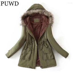 Dames Trenchcoats PUWD Dames Bontkraag Capuchon Trekkoord Katoenen Jack 2023 Lente Warm Effen Zak Lange mouw Parka Ruimvallend Vrouwelijk Chic