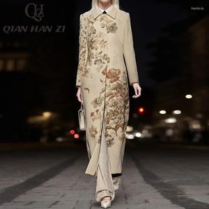 Trenchs de femmes QHZ Designer imprimé manteau de mode femme revers manches longues haute fente mince fleur de luxe vintage